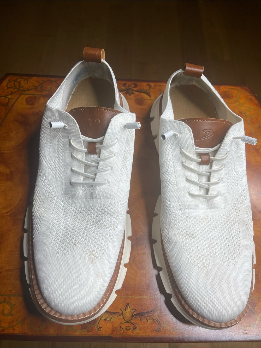 Oxford White Knit Lace-Up Oxfords with Brown Accents